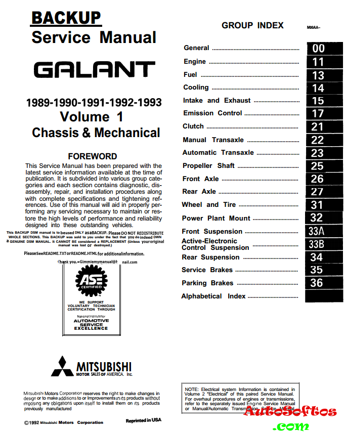 Mitsubishi Galant E3x 19891993 Service Manual 1992, PDF